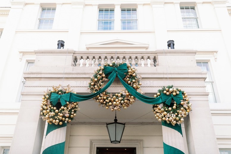 The Lanesborough Hotel  - Exterior Decorations with green and gold wreath and garland